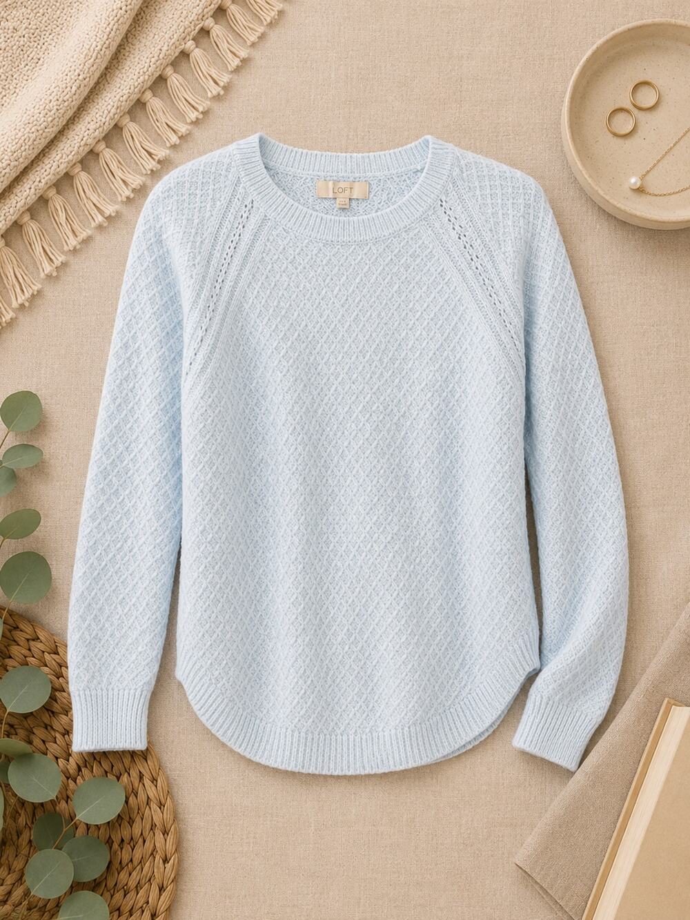 LOFT Women's Light Blue Textured Cotton Knit Sweater Raglan Sleeve Size L